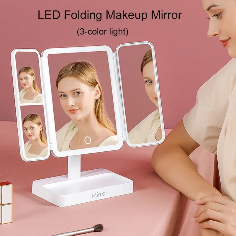 Tri-Fold LED Makeup Mirror 3 Tone Lights