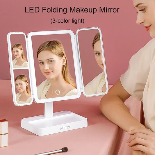 Tri-Fold LED Makeup Mirror 3 Tone Lights