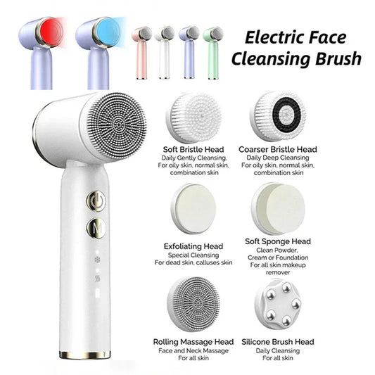 6 In 1 Electric Clean Facial Brush LED Display Face Tightening Exfoliating Cleaning Sonic Massager Cleaner with 6 Head Face Care