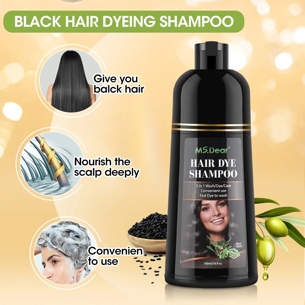 500ml Organic Natural Fast Hair Dye Shampoo 3 In 1 Plant Repair Essence Black Hair Color Dye Shampoo For Cover Gray White Hair