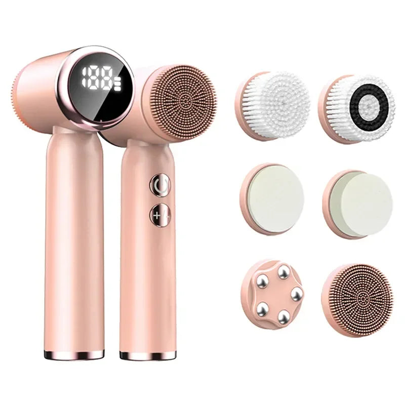 6 In 1 Electric Clean Facial Brush LED Display Face Tightening Exfoliating Cleaning Sonic Massager Cleaner with 6 Head Face Care