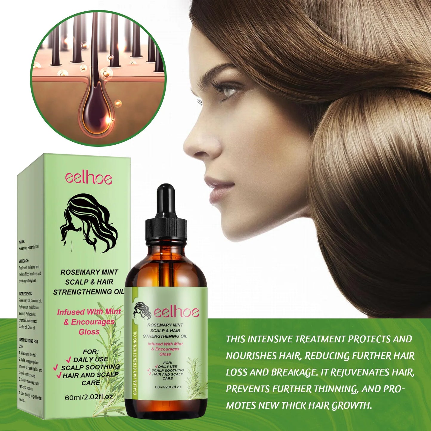 EELHOE Natural Rosemary Hair Growth Essential Oil Dandruff Treatment for Scalp Professional Hair Care Anti Hair Loss Serum 60ml