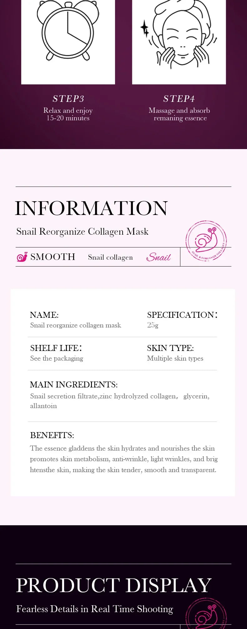 5/10pcs Snail Reorganize Collagen Face Mask Deep Moisturizing Skin Repair Hydrating Nourishing Skin Facial Peel Mask Skincare