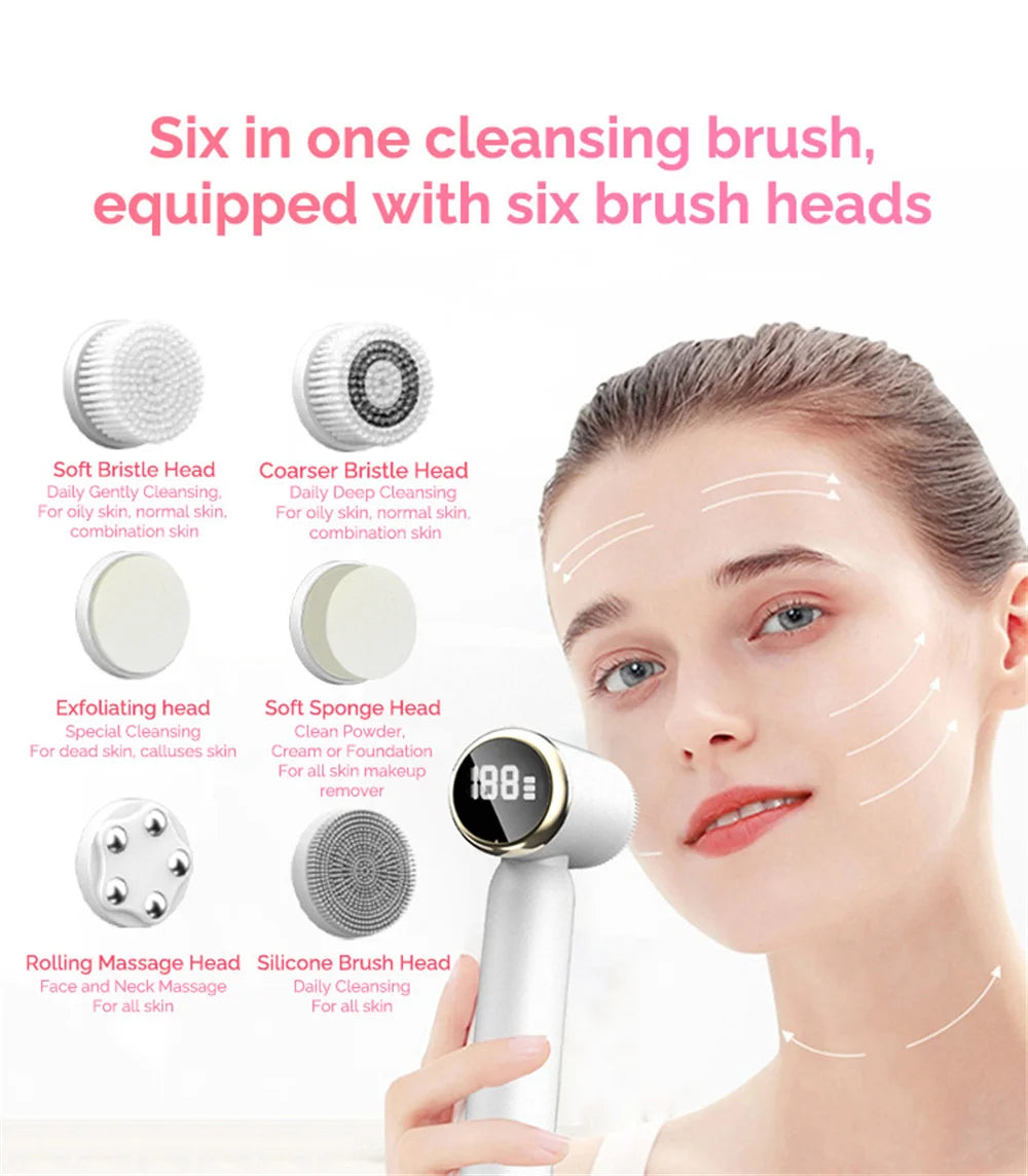 6 In 1 Electric Clean Facial Brush LED Display Face Tightening Exfoliating Cleaning Sonic Massager Cleaner with 6 Head Face Care