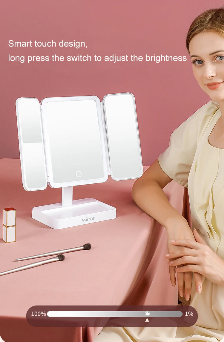 Tri-Fold LED Makeup Mirror 3 Tone Lights