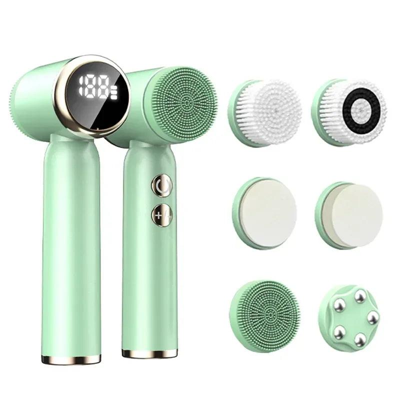 6 In 1 Electric Clean Facial Brush LED Display Face Tightening Exfoliating Cleaning Sonic Massager Cleaner with 6 Head Face Care