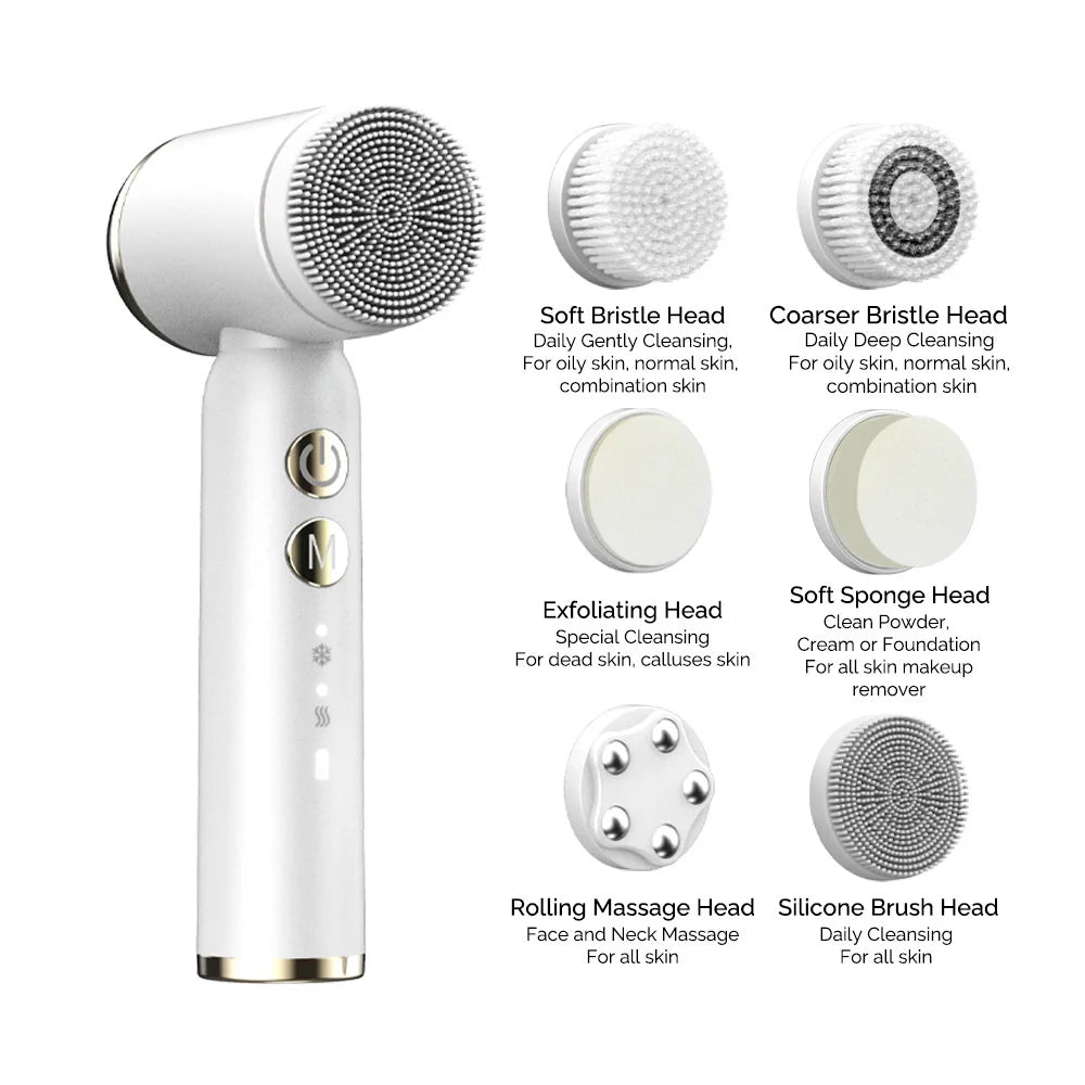 6 In 1 Electric Clean Facial Brush LED Display Face Tightening Exfoliating Cleaning Sonic Massager Cleaner with 6 Head Face Care