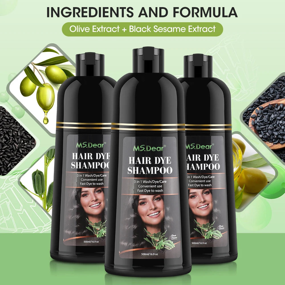 500ml Organic Natural Fast Hair Dye Shampoo 3 In 1 Plant Repair Essence Black Hair Color Dye Shampoo For Cover Gray White Hair