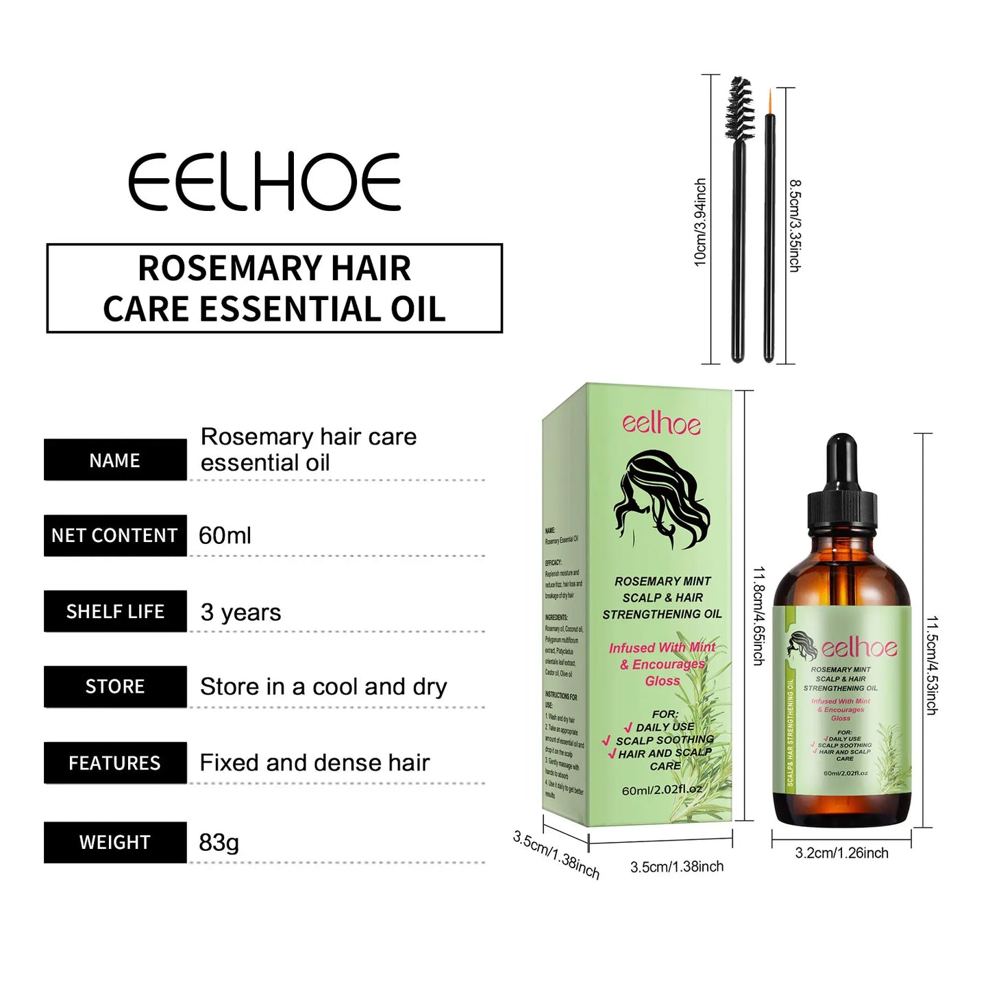 EELHOE Natural Rosemary Hair Growth Essential Oil Dandruff Treatment for Scalp Professional Hair Care Anti Hair Loss Serum 60ml