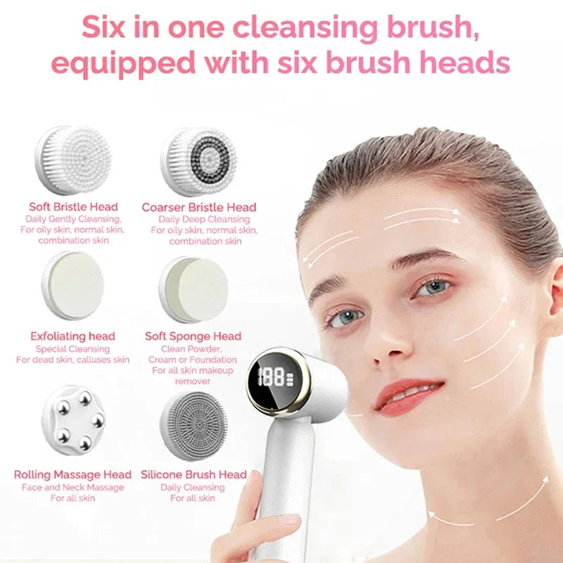 6 In 1 Electric Clean Facial Brush LED Display Face Tightening Exfoliating Cleaning Sonic Massager Cleaner with 6 Head Face Care