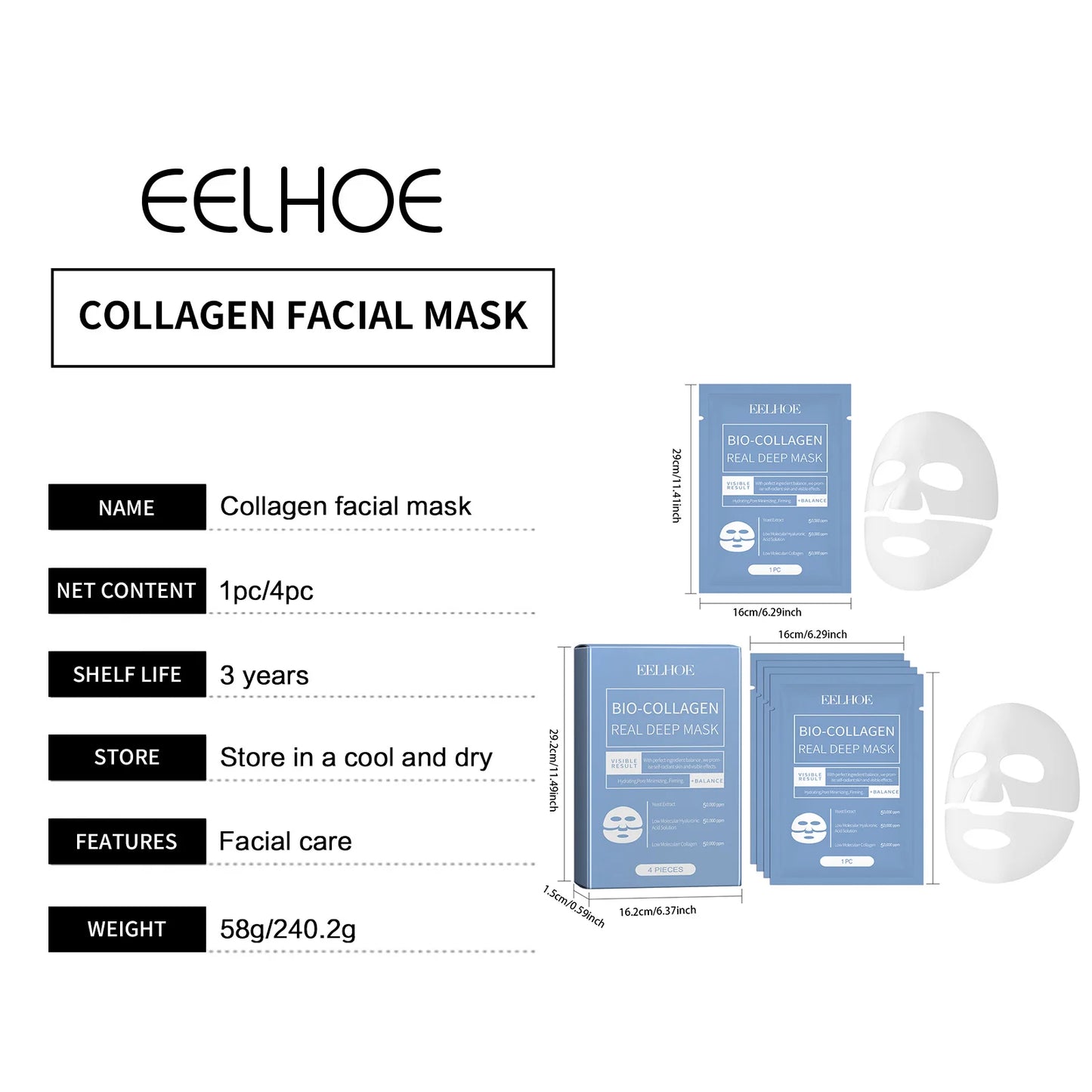 EELHOE Bio Collagen Face Mask Brightening Firming Face Lifting Pore Shrinking Repair Skin Care Moisturizing Face Hydration Mask