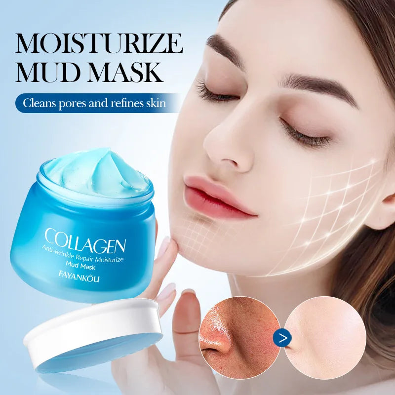 120g Mud Face Mask Collagen Reduce Wrinkle Pore Cleaning Oil Control Blackhead Remove Smearing Mud Mask Skin Care Products