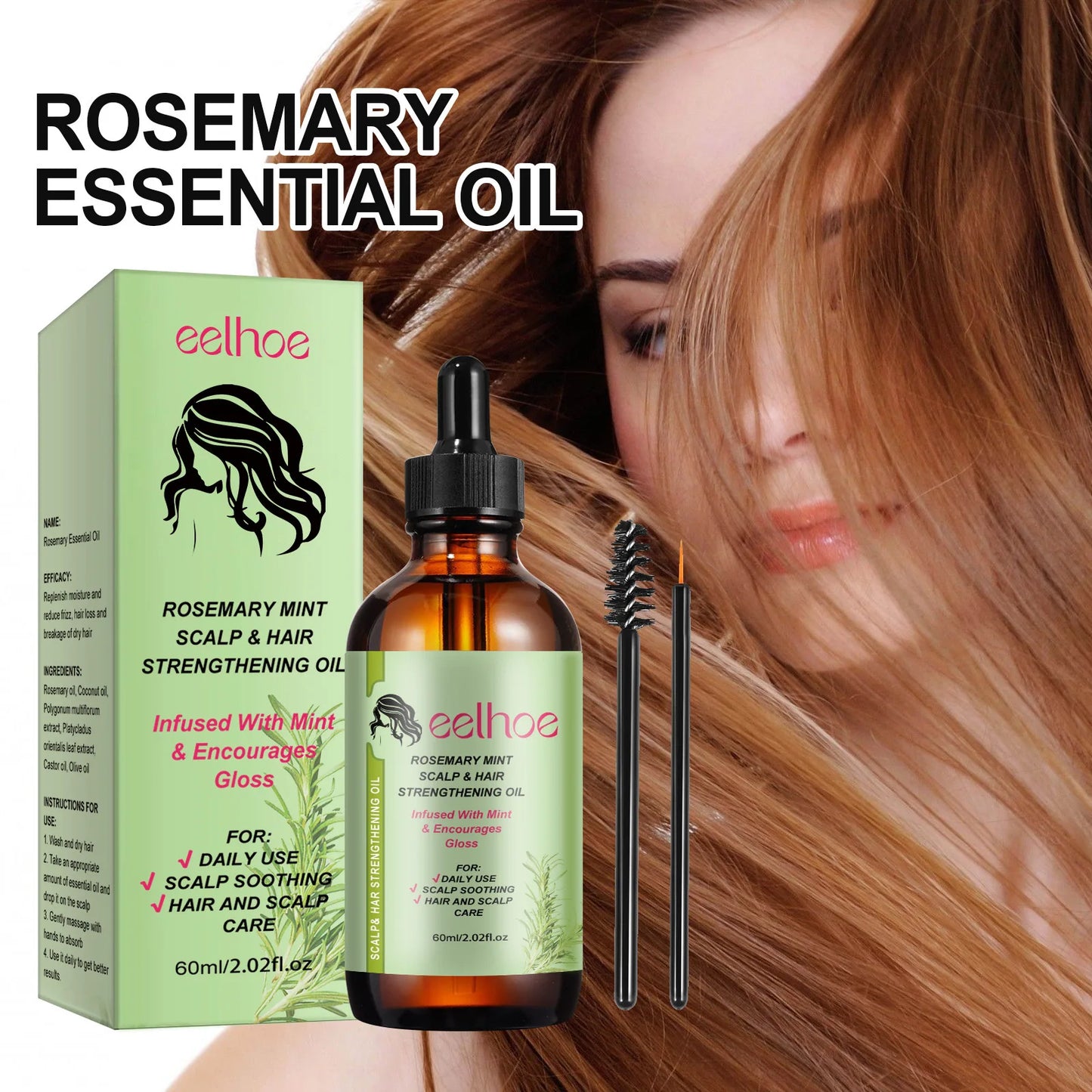 EELHOE Natural Rosemary Hair Growth Essential Oil Dandruff Treatment for Scalp Professional Hair Care Anti Hair Loss Serum 60ml