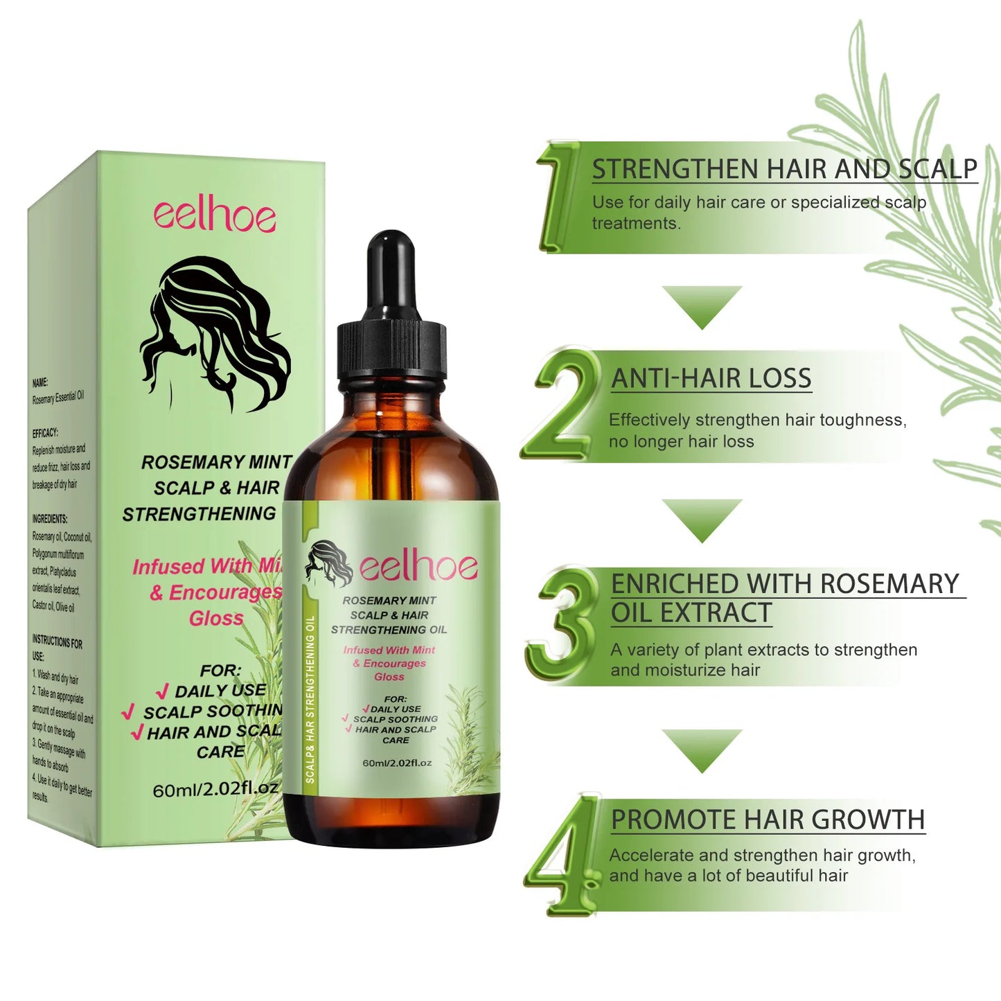 EELHOE Natural Rosemary Hair Growth Essential Oil Dandruff Treatment for Scalp Professional Hair Care Anti Hair Loss Serum 60ml