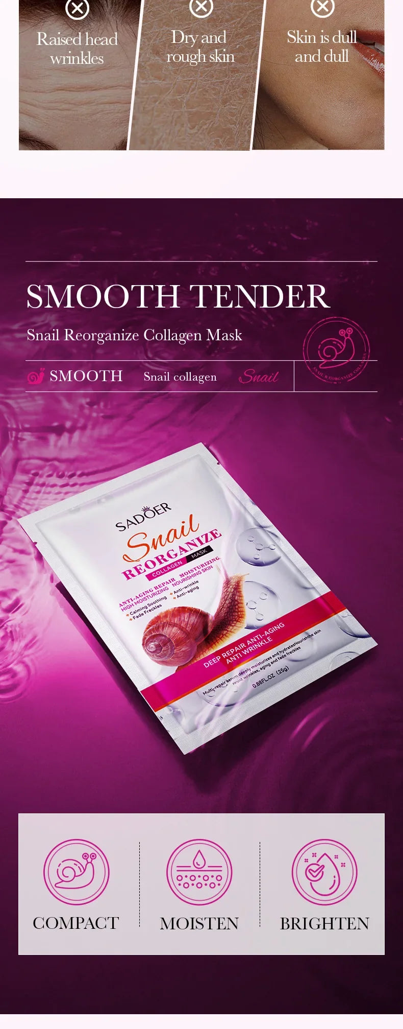 5/10pcs Snail Reorganize Collagen Face Mask Deep Moisturizing Skin Repair Hydrating Nourishing Skin Facial Peel Mask Skincare