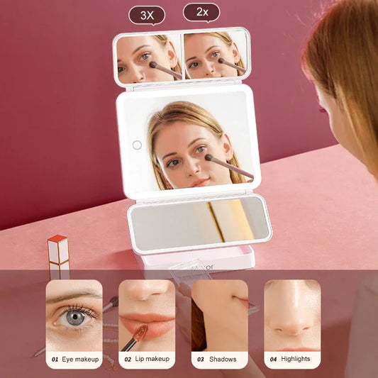 Tri-Fold LED Makeup Mirror 3 Tone Lights