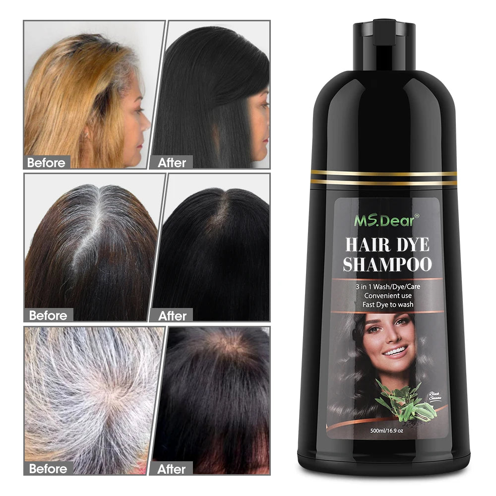 500ml Organic Natural Fast Hair Dye Shampoo 3 In 1 Plant Repair Essence Black Hair Color Dye Shampoo For Cover Gray White Hair