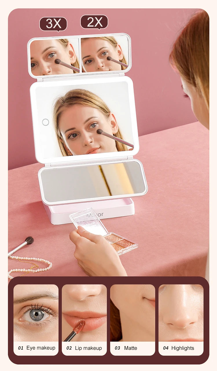 Tri-Fold LED Makeup Mirror 3 Tone Lights