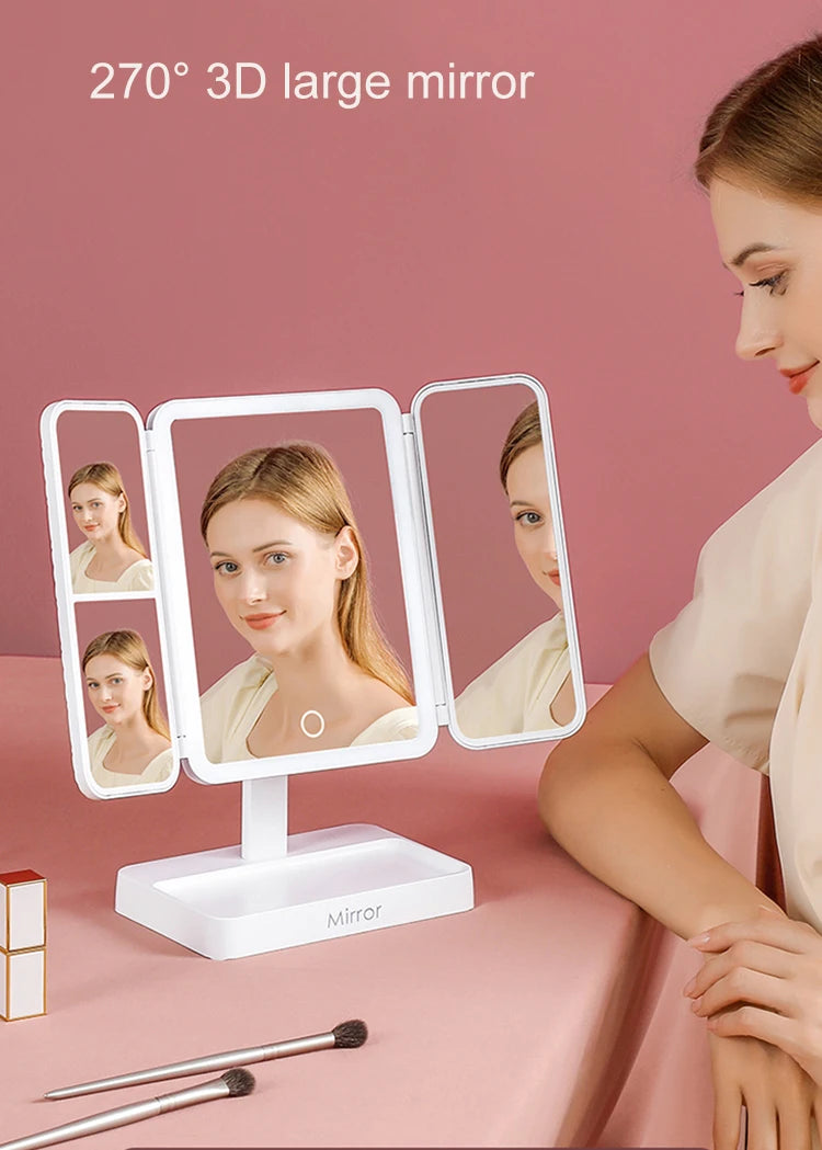 Tri-Fold LED Makeup Mirror 3 Tone Lights