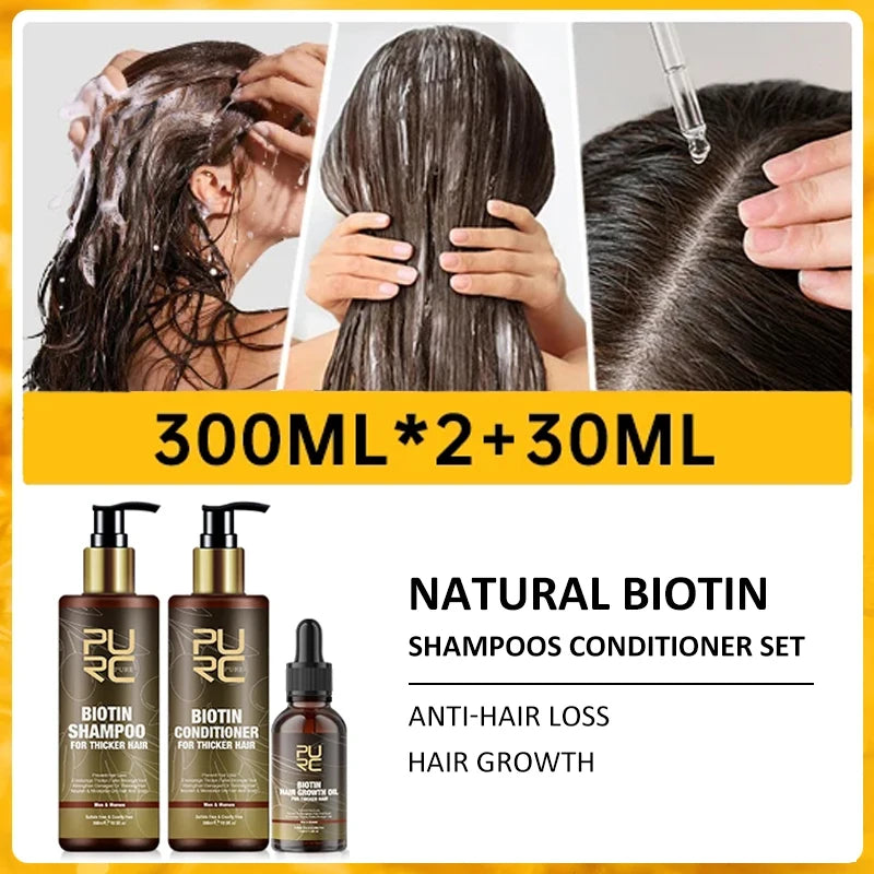 PURC Biotin Hair Care Set Smoothing Shampoo Cleaning Conditioner Nourish Root Hair Oil Scalp Treatment Products for Men Women