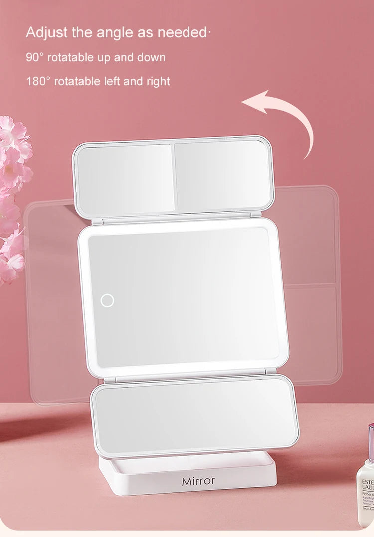 Tri-Fold LED Makeup Mirror 3 Tone Lights